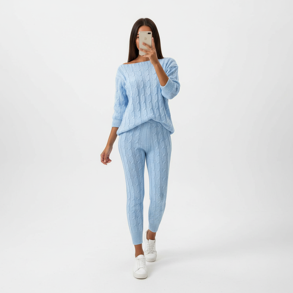 Women’s Cable Knit Loungewear Set – Relaxed Top and Tapered Trousers for Winter