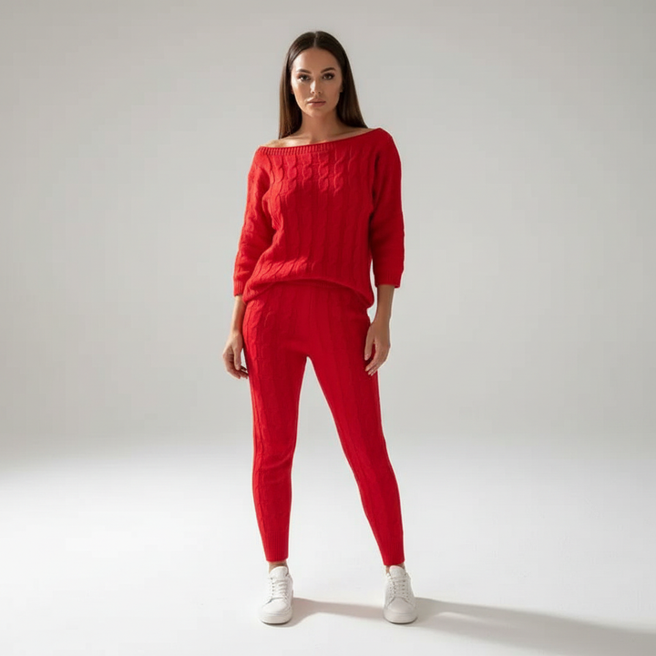 Women’s Cable Knit Loungewear Set – Relaxed Top and Tapered Trousers for Winter