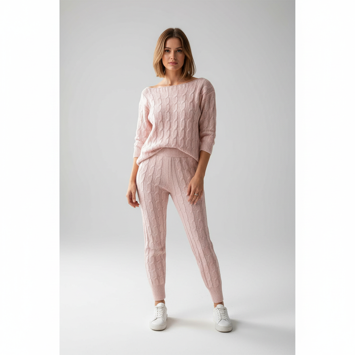 Women’s Cable Knit Loungewear Set – Relaxed Top and Tapered Trousers for Winter