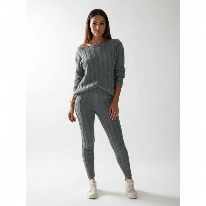 Women’s Cable Knit Loungewear Set – Relaxed Top and Tapered Trousers for Winter