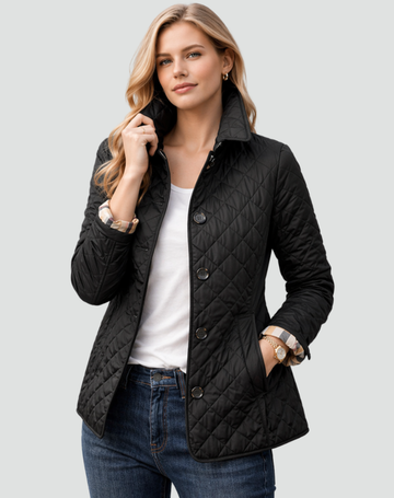 Liora | Women's Quilted Button Front Jacket with Check Trim