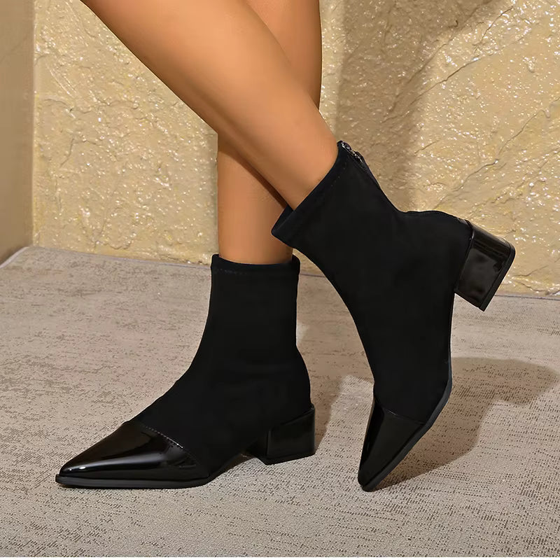 Women’s Pointed-Toe Patent Detail Block Heel Ankle Boots