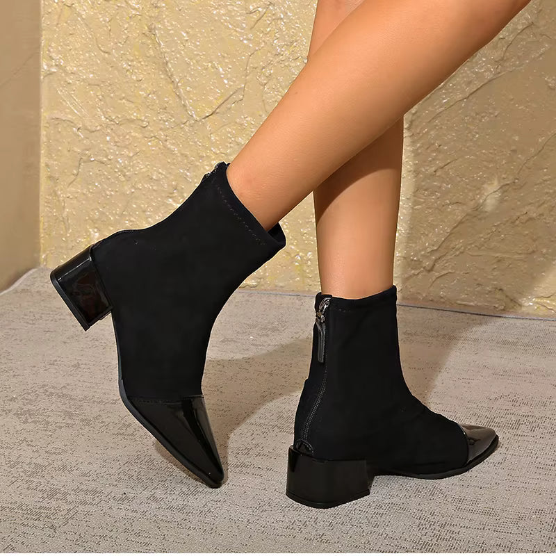 Women’s Pointed-Toe Patent Detail Block Heel Ankle Boots
