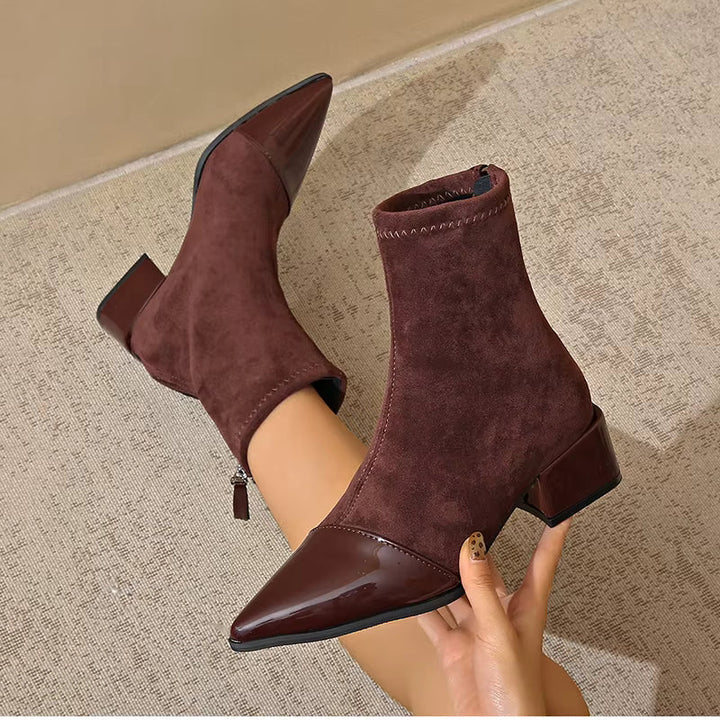 Women’s Pointed-Toe Patent Detail Block Heel Ankle Boots