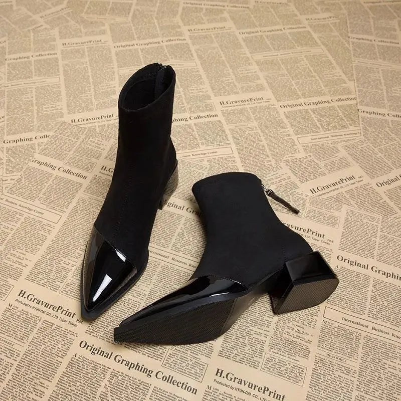 Women’s Pointed-Toe Patent Detail Block Heel Ankle Boots