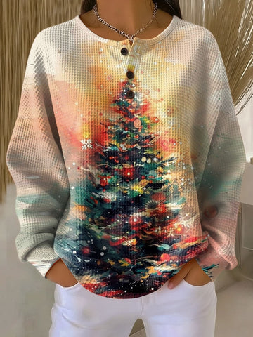 Claire | Christmas Tree Print Button Front Christmas Sweater