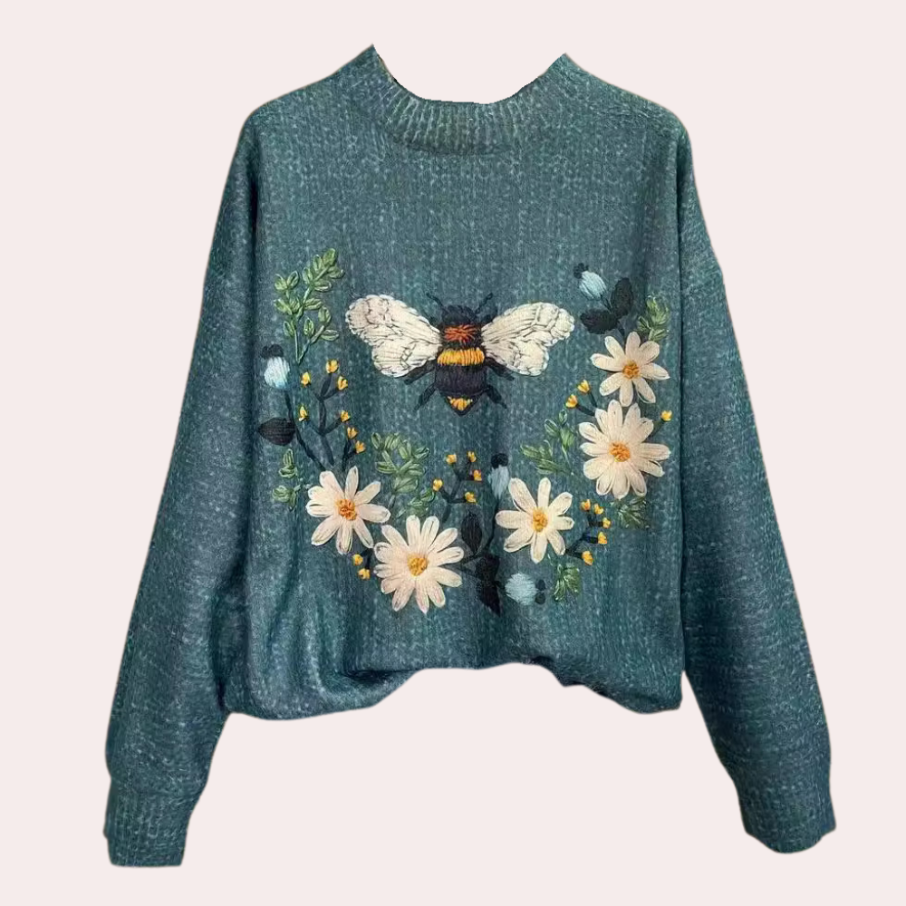 Cheerful Women's Sweater with Floral Print - Fleur-Blue-XS-Nora Luxe