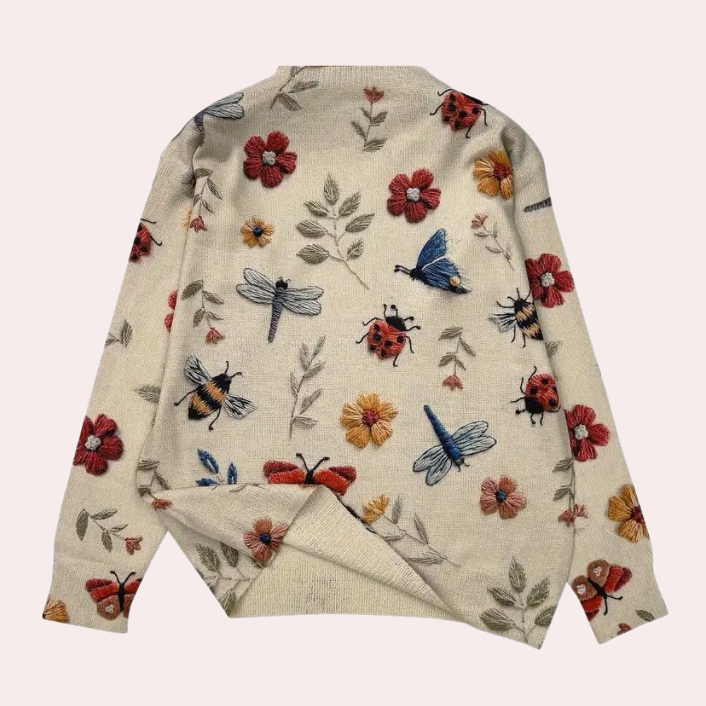 Cheerful Women's Sweater with Floral Print - Fleur-White-XS-Nora Luxe