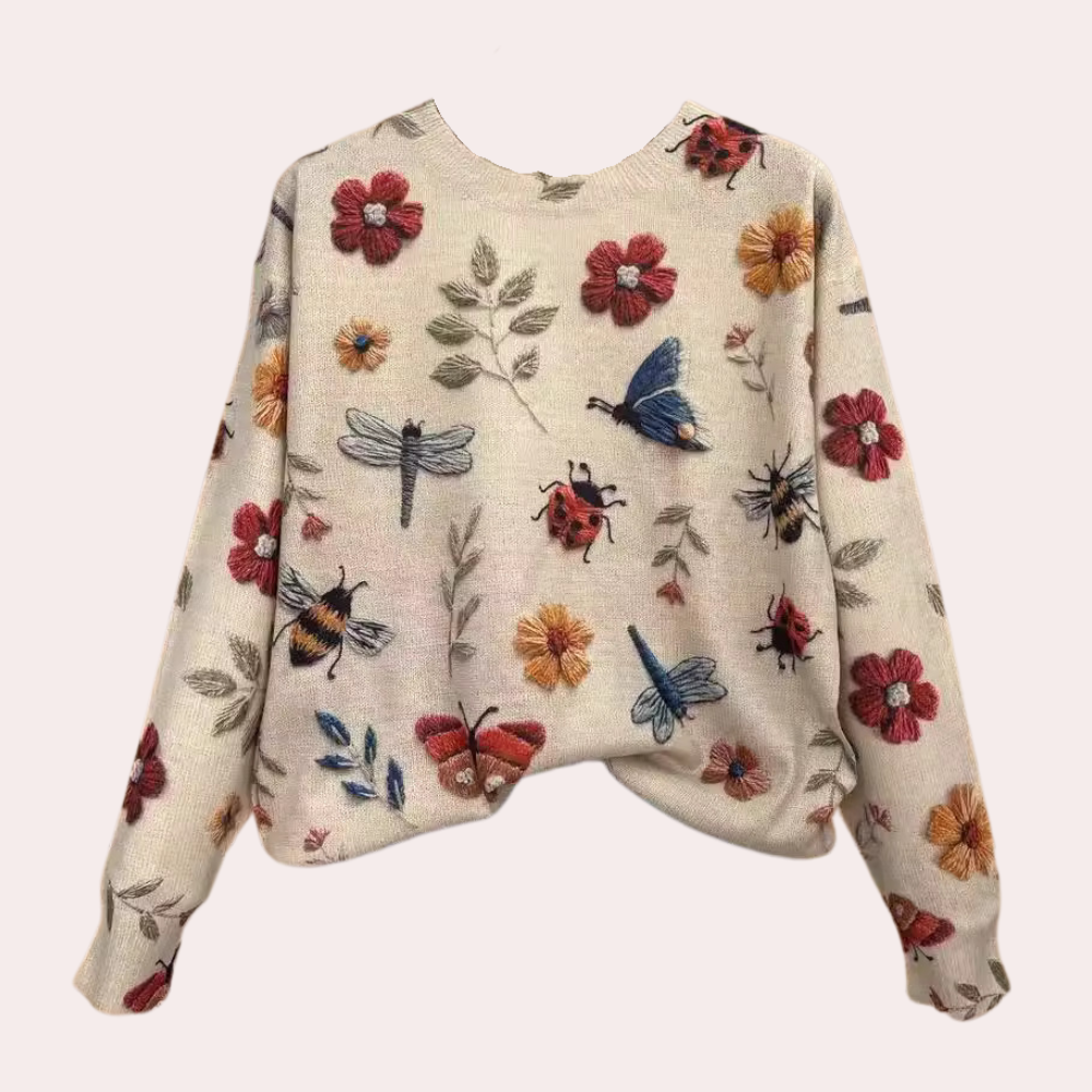 Cheerful Women's Sweater with Floral Print - Fleur-White-XS-Nora Luxe