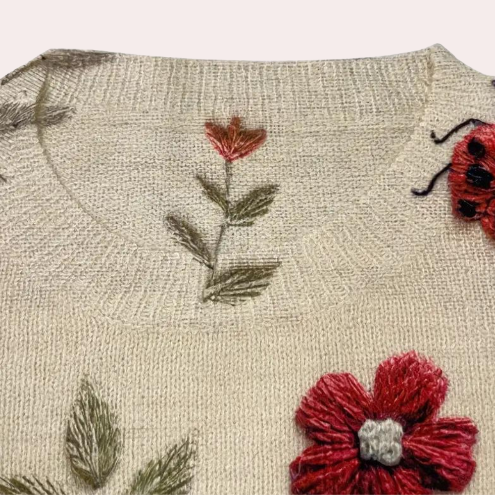 Cheerful Women's Sweater with Floral Print - Fleur-White-XS-Nora Luxe