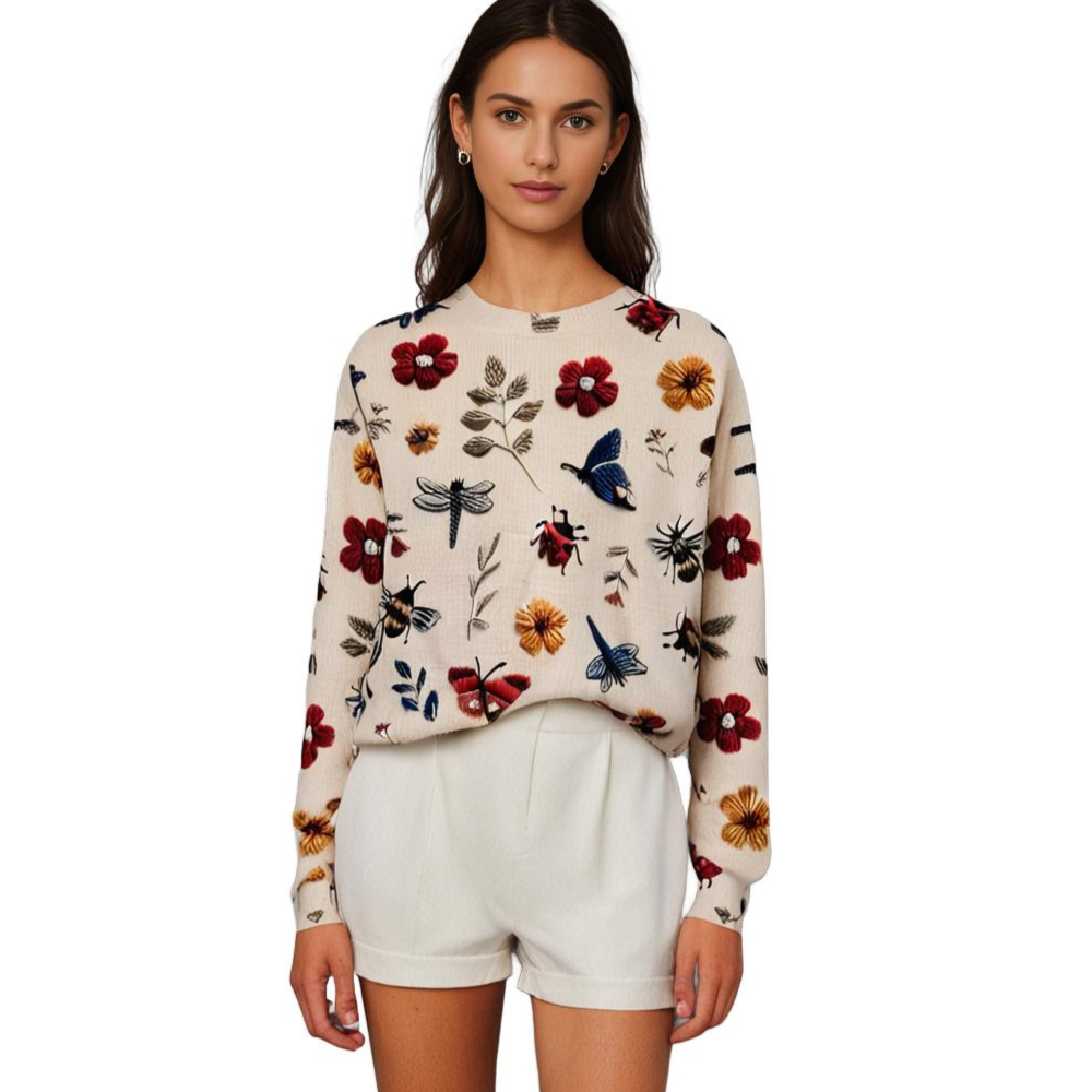 Cheerful Women's Sweater with Floral Print - Fleur-White-XS-Nora Luxe