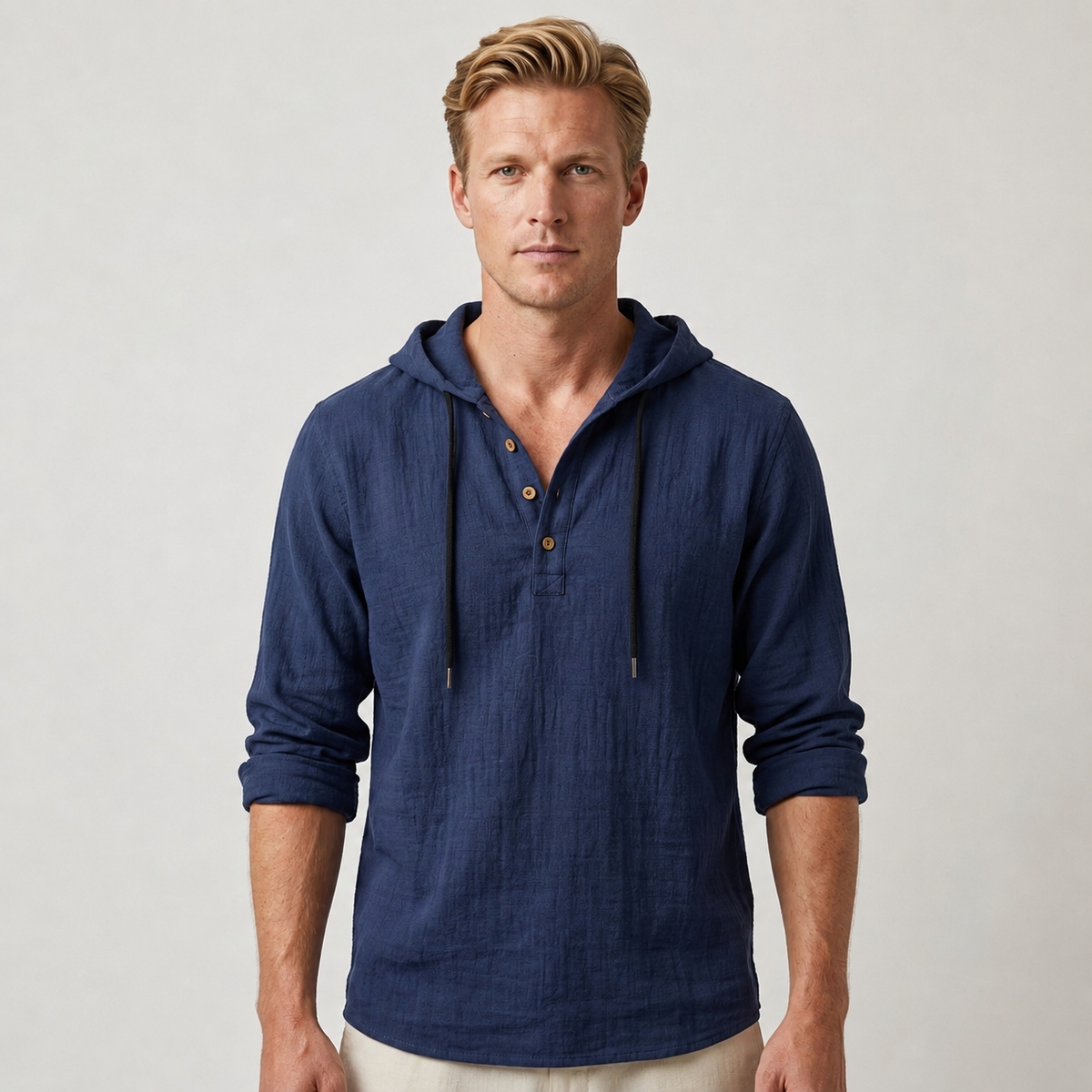 Theo | Men's Hooded Henley Shirt with Drawstring