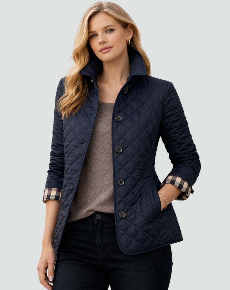 Liora | Women's Quilted Button Front Jacket with Check Trim