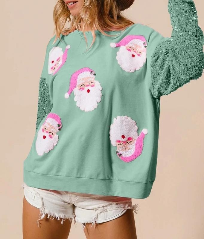 Hannah | Santa Print Sequin Sleeve Christmas Sweater