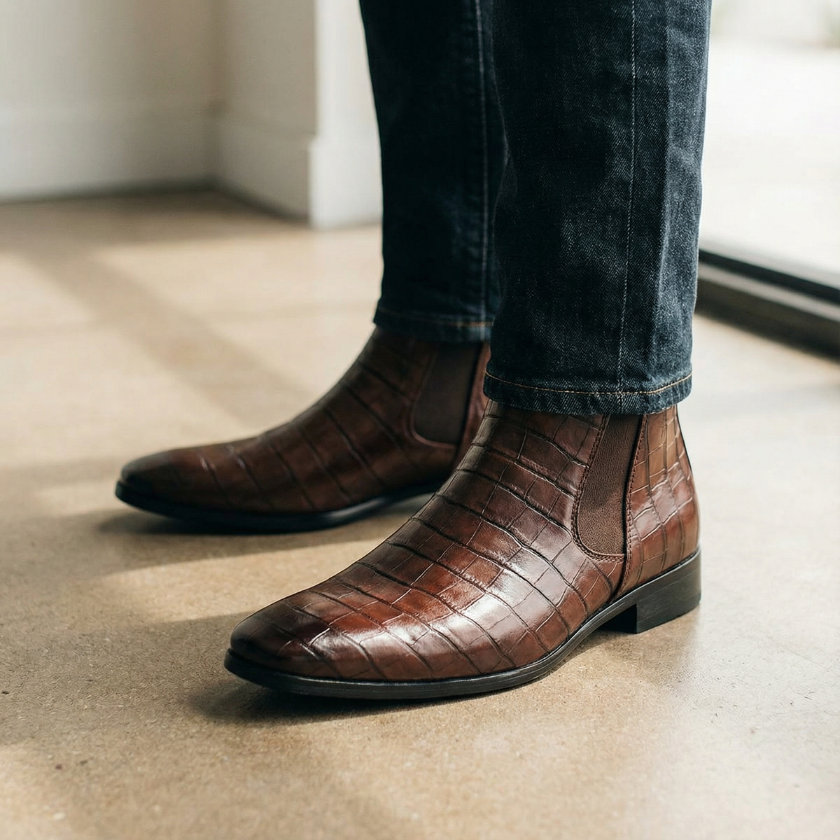 Dallas | Men's Crocodile Embossed Leather Chelsea Boots