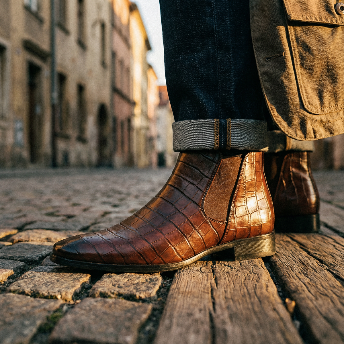 Dallas | Men's Crocodile Embossed Leather Chelsea Boots