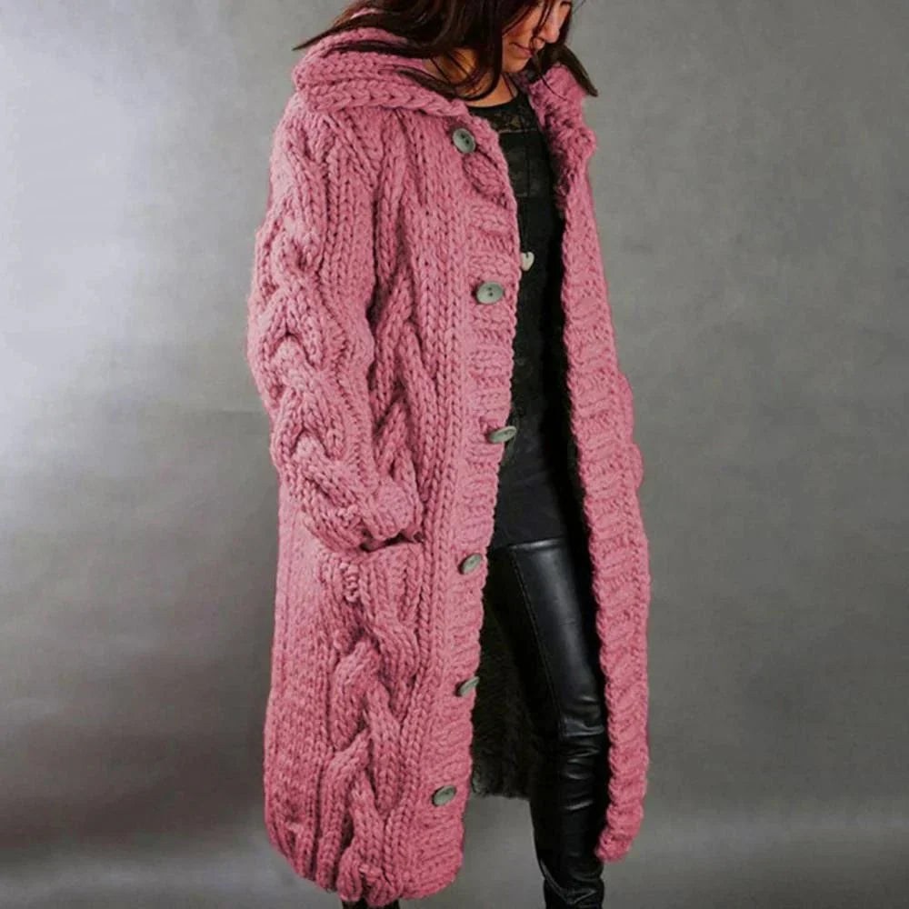 Women’s Long Cable Knit Cardigan – Chunky Hooded Winter Layer with Pockets
