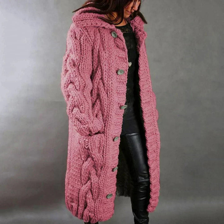 Women’s Long Cable Knit Cardigan – Chunky Hooded Winter Layer with Pockets