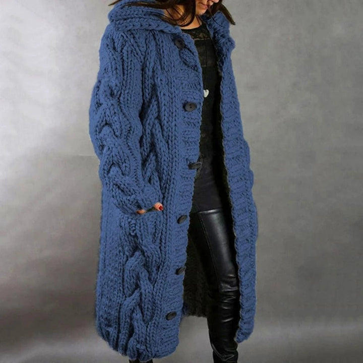 Women’s Long Cable Knit Cardigan – Chunky Hooded Winter Layer with Pockets