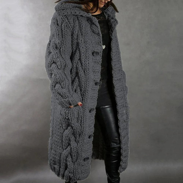 Women’s Long Cable Knit Cardigan – Chunky Hooded Winter Layer with Pockets