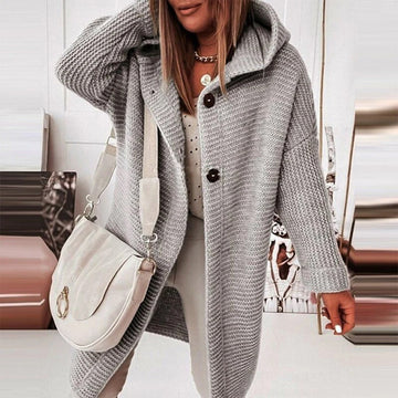 Half-length Knitted Women's Cardigan with Button Closure and Hood - Mila-Gray-S-Nora Luxe