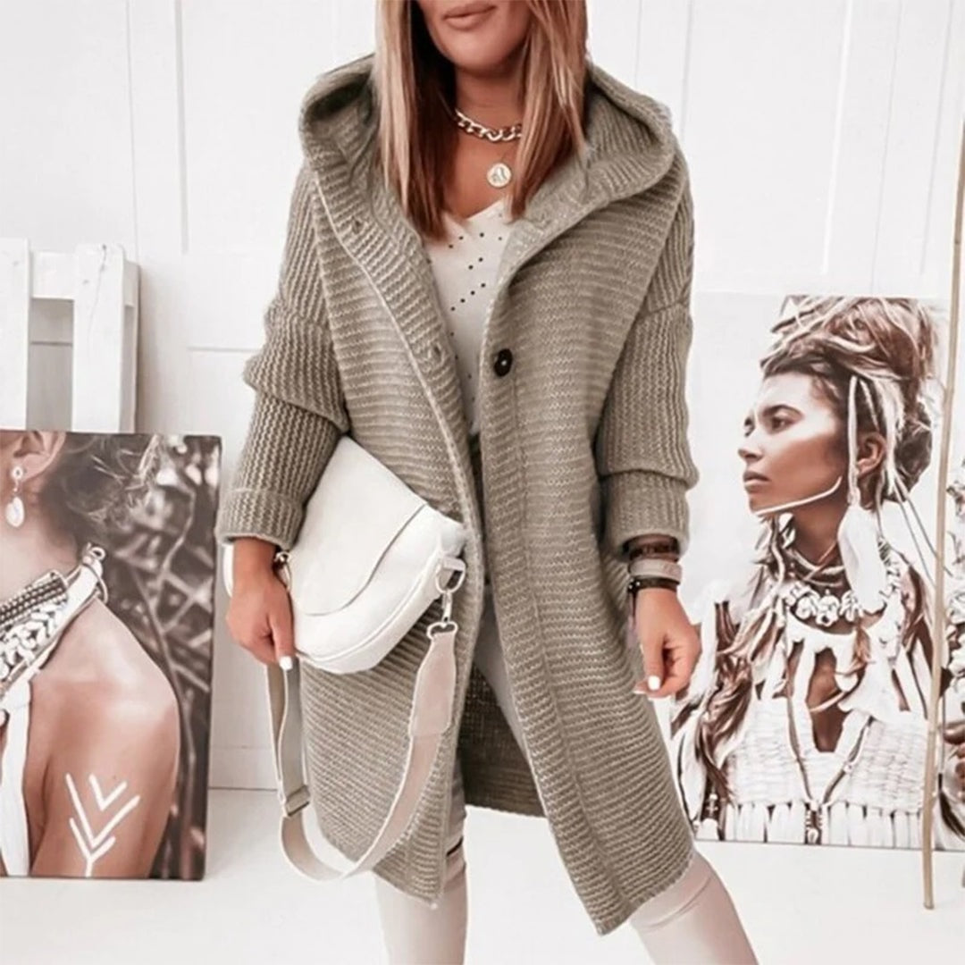 Half-length Knitted Women's Cardigan with Button Closure and Hood - Mila-Khaki-S-Nora Luxe