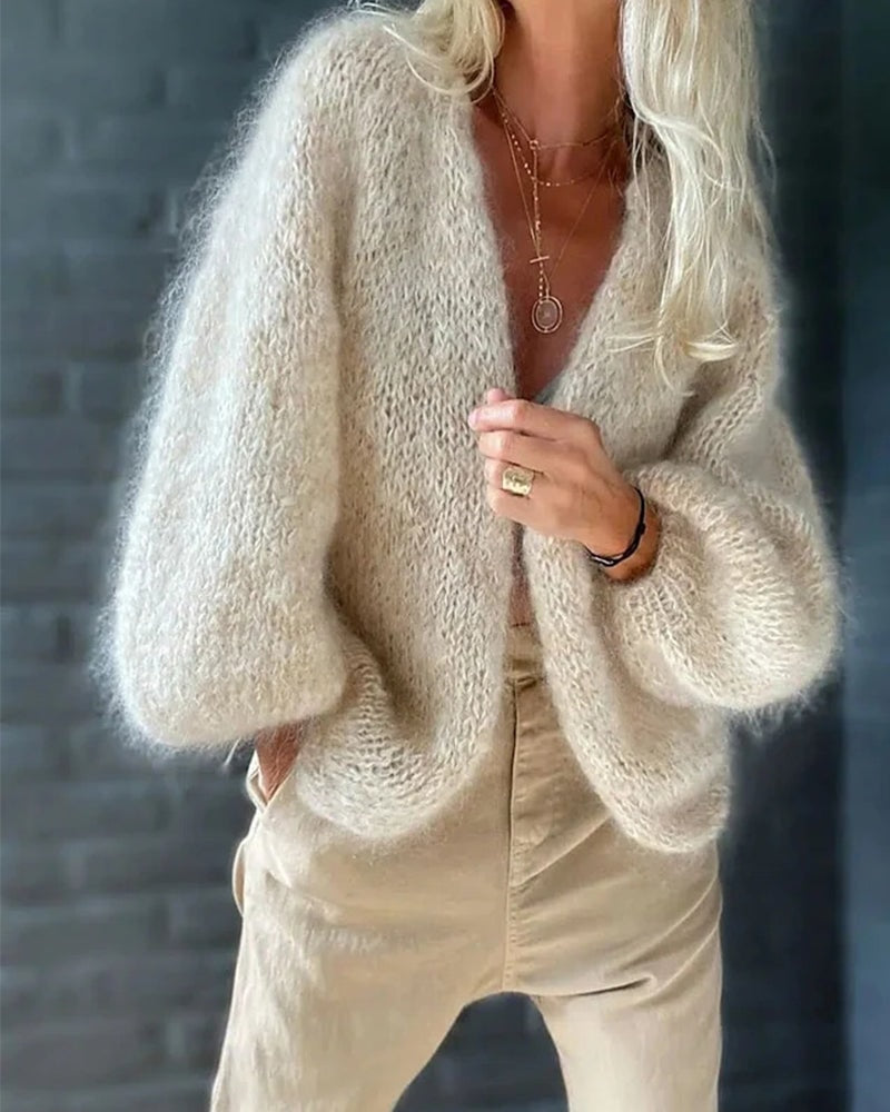 Informal Cardigan with Long Flared Sleeves - Maya-Beige-S-Nora Luxe