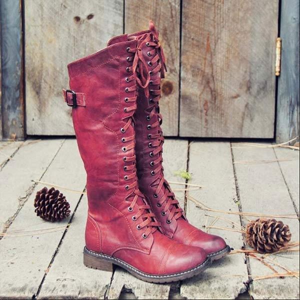Fia | Women's Knee High Lace Up Boots with Buckle