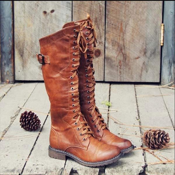 Fia | Women's Knee High Lace Up Boots with Buckle