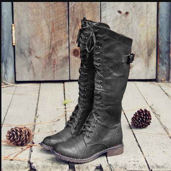 Fia | Women's Knee High Lace Up Boots with Buckle