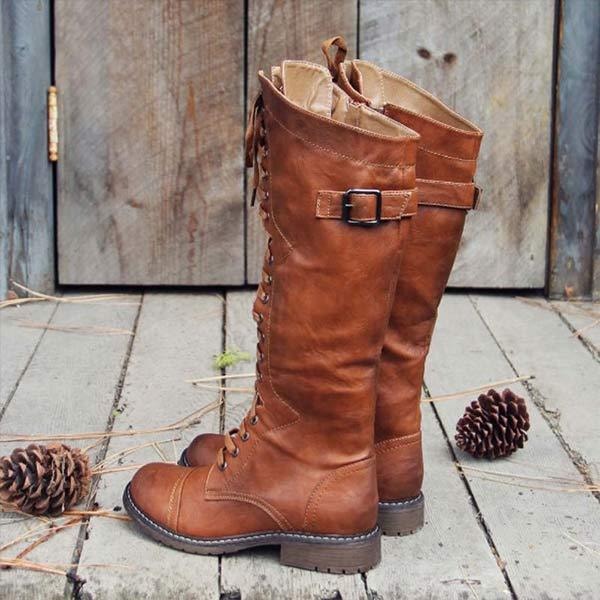 Fia | Women's Knee High Lace Up Boots with Buckle