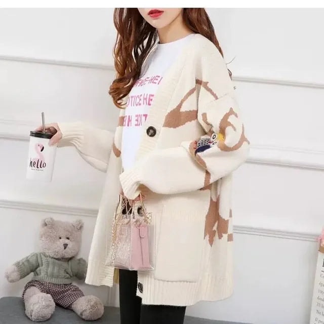Knitted Cardigan with Playful Print and Button Closure - Nova-Beige-XS-Nora Luxe