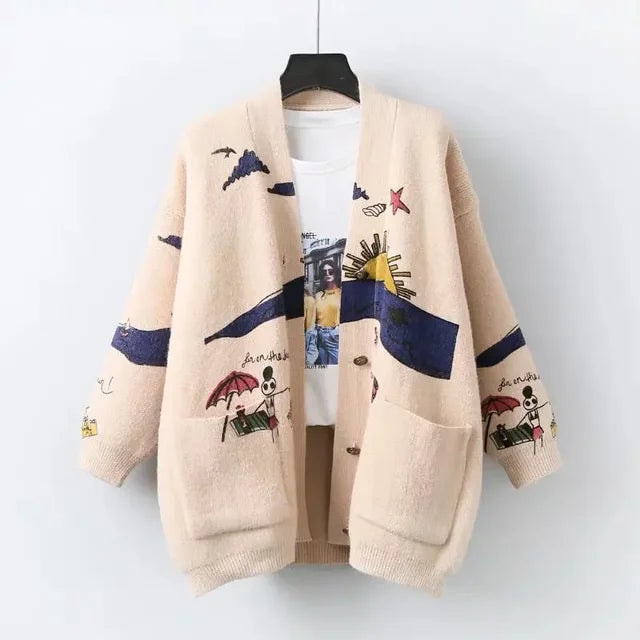 Knitted Cardigan with Playful Print and Button Closure - Nova-Blue-XS-Nora Luxe