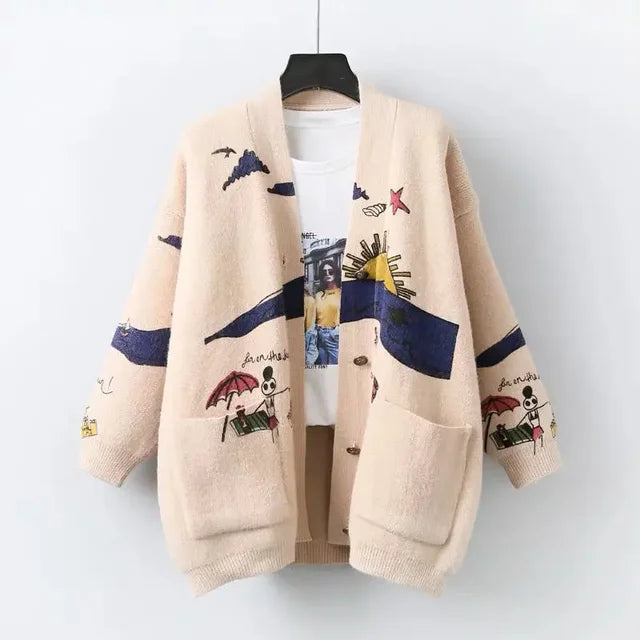 Knitted Cardigan with Playful Print and Button Closure - Nova