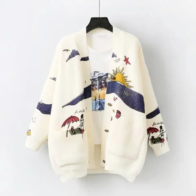 Knitted Cardigan with Playful Print and Button Closure - Nova