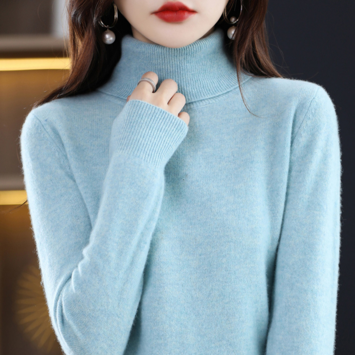 Luxury Cashmere Ladies Turtleneck - Elena-Light Blue-S-Nora Luxe