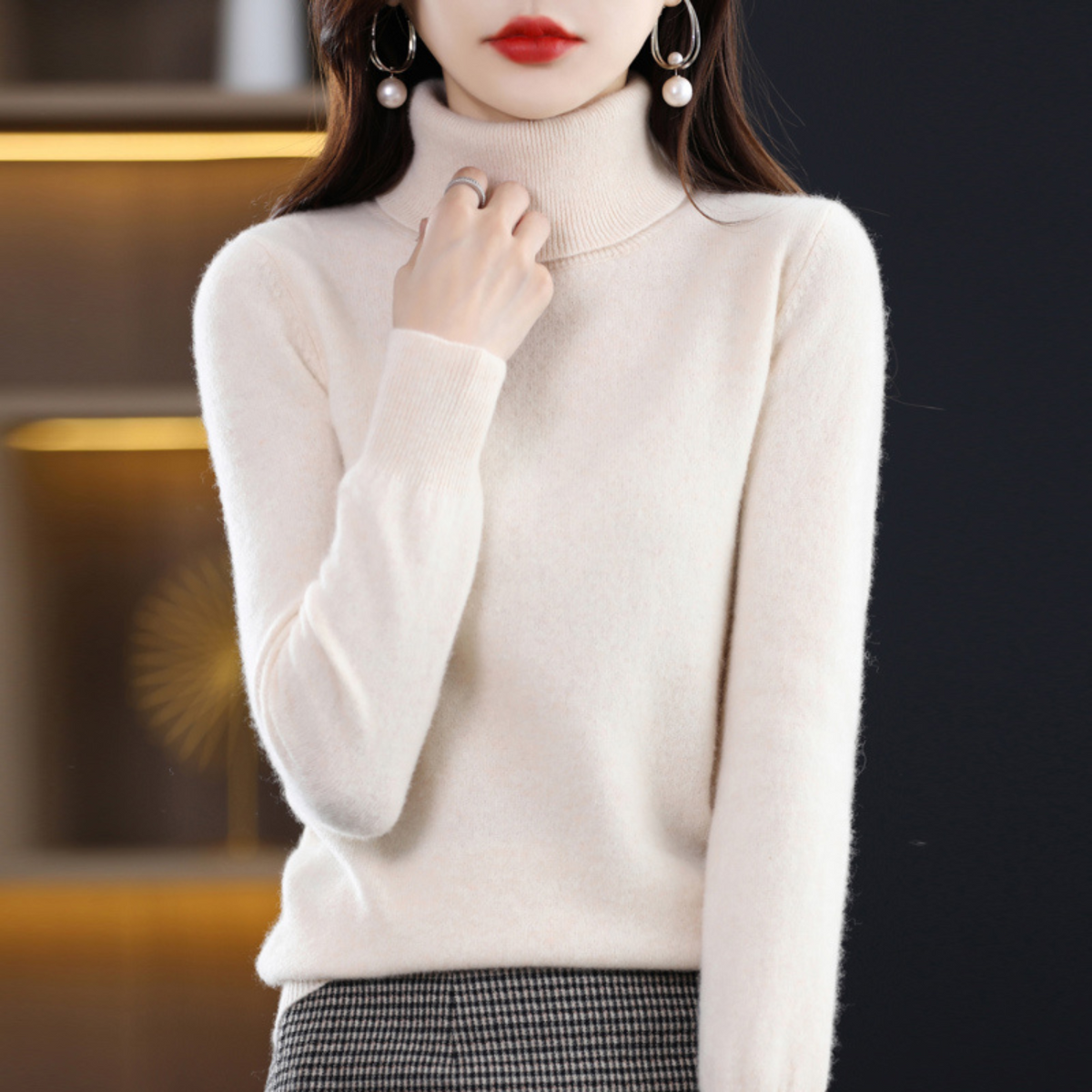 Luxury Cashmere Ladies Turtleneck - Elena-Light Brown-S-Nora Luxe