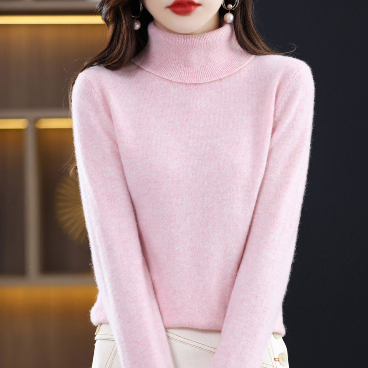 Luxury Cashmere Ladies Turtleneck - Elena-Light Pink-S-Nora Luxe