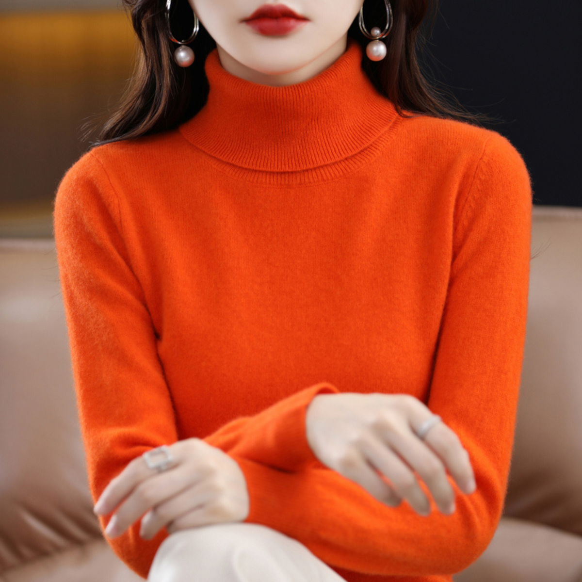 Luxury Cashmere Ladies Turtleneck - Elena-Orange-S-Nora Luxe