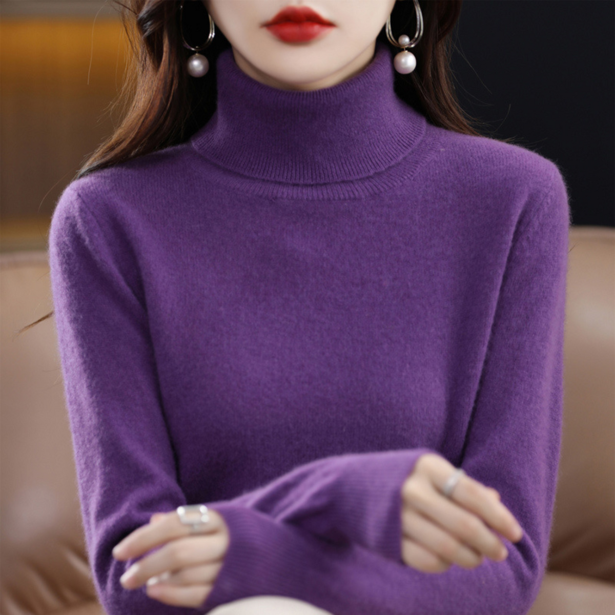 Luxury Cashmere Ladies Turtleneck - Elena-Purple-S-Nora Luxe