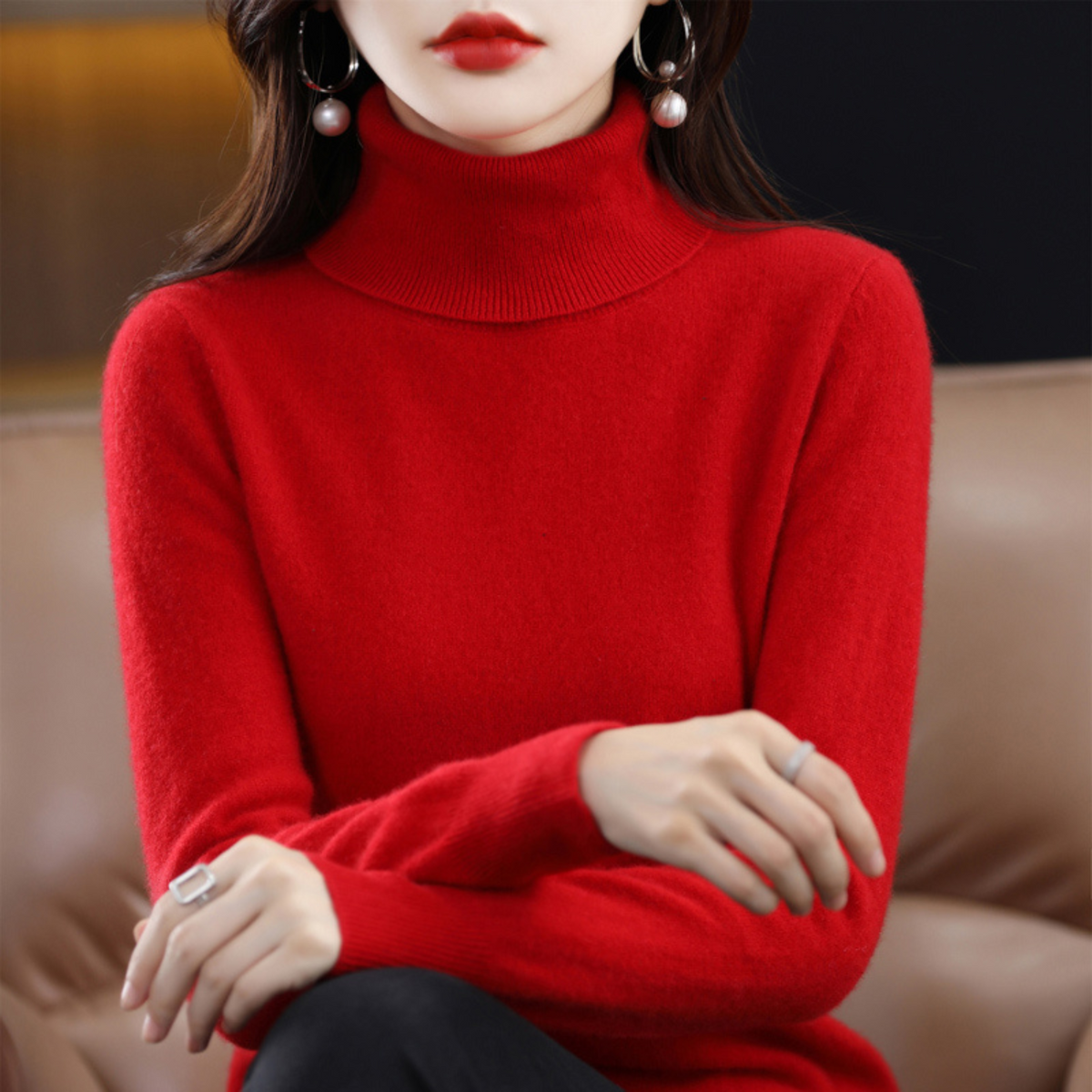 Luxury Cashmere Ladies Turtleneck - Elena-Red-S-Nora Luxe