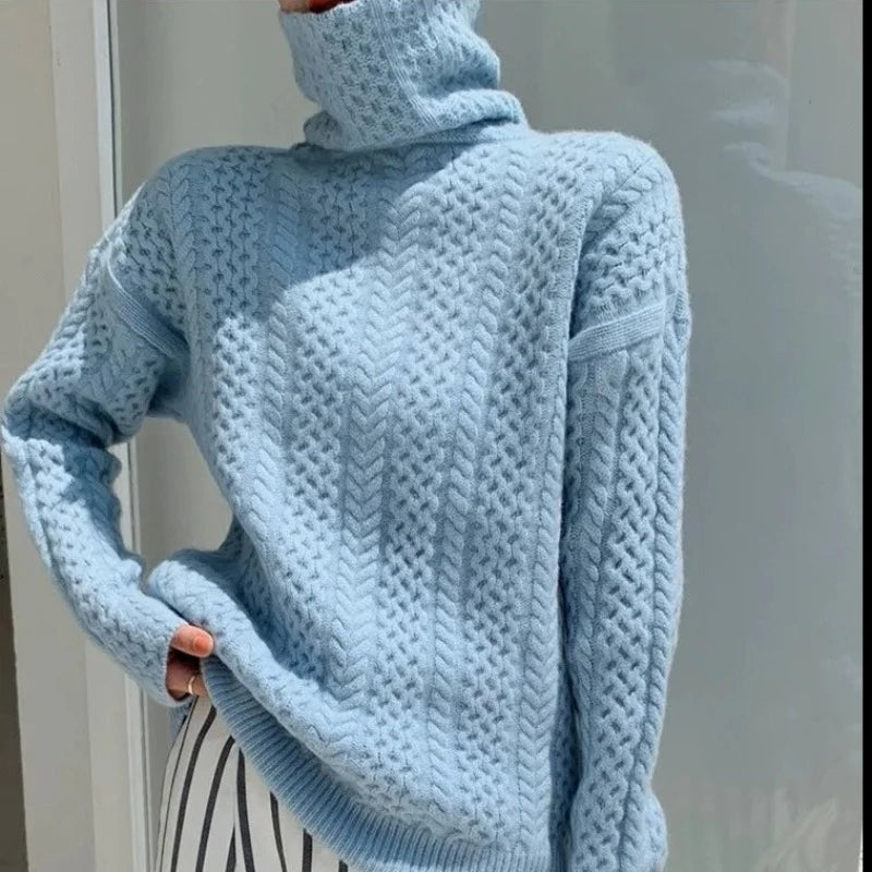 Luxury Cashmere Turtleneck with Checkered Pattern - Celeste-Beige-XS-Nora Luxe