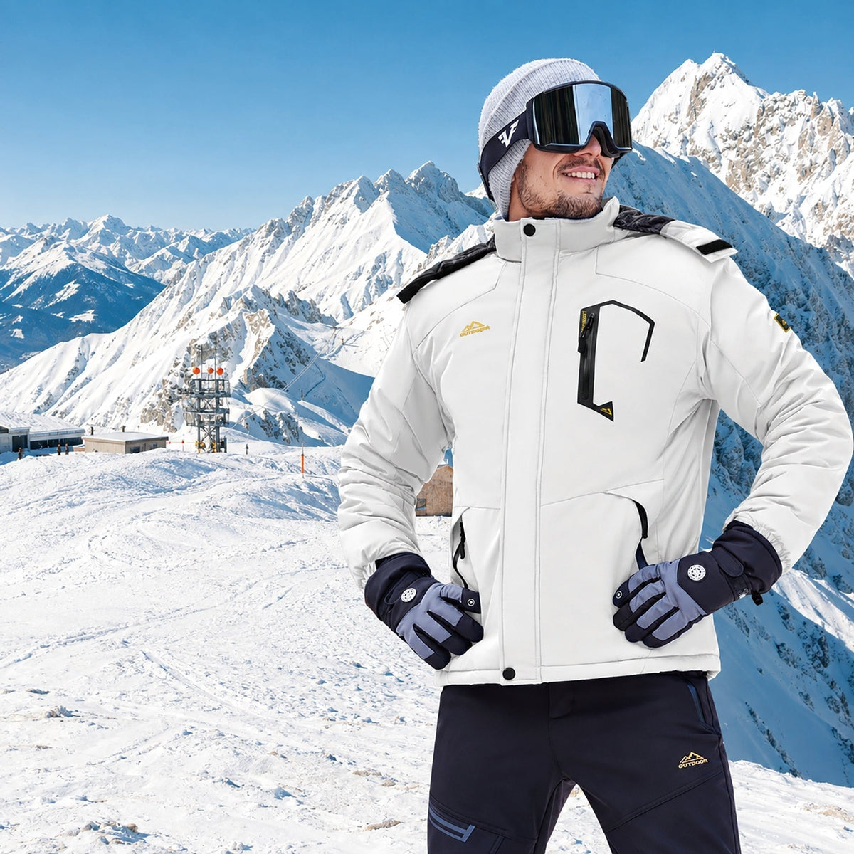 White MAGCOMSEN Men's Water-Repellent Winter Ski Jacket with Fleece Lining in #Color_White
