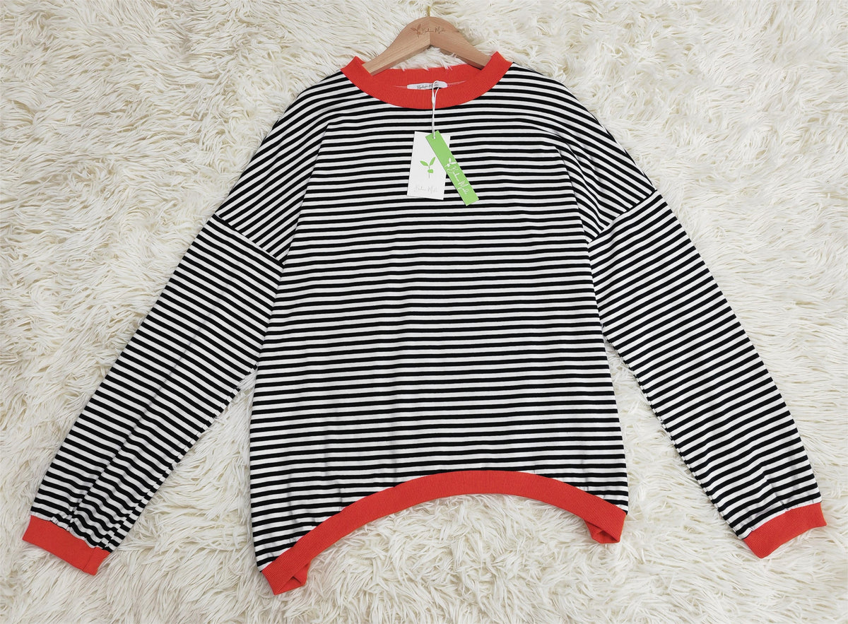 Orange-navy-blue-white striped Long Sleeve - HerbstStreifen-S-Nora Luxe