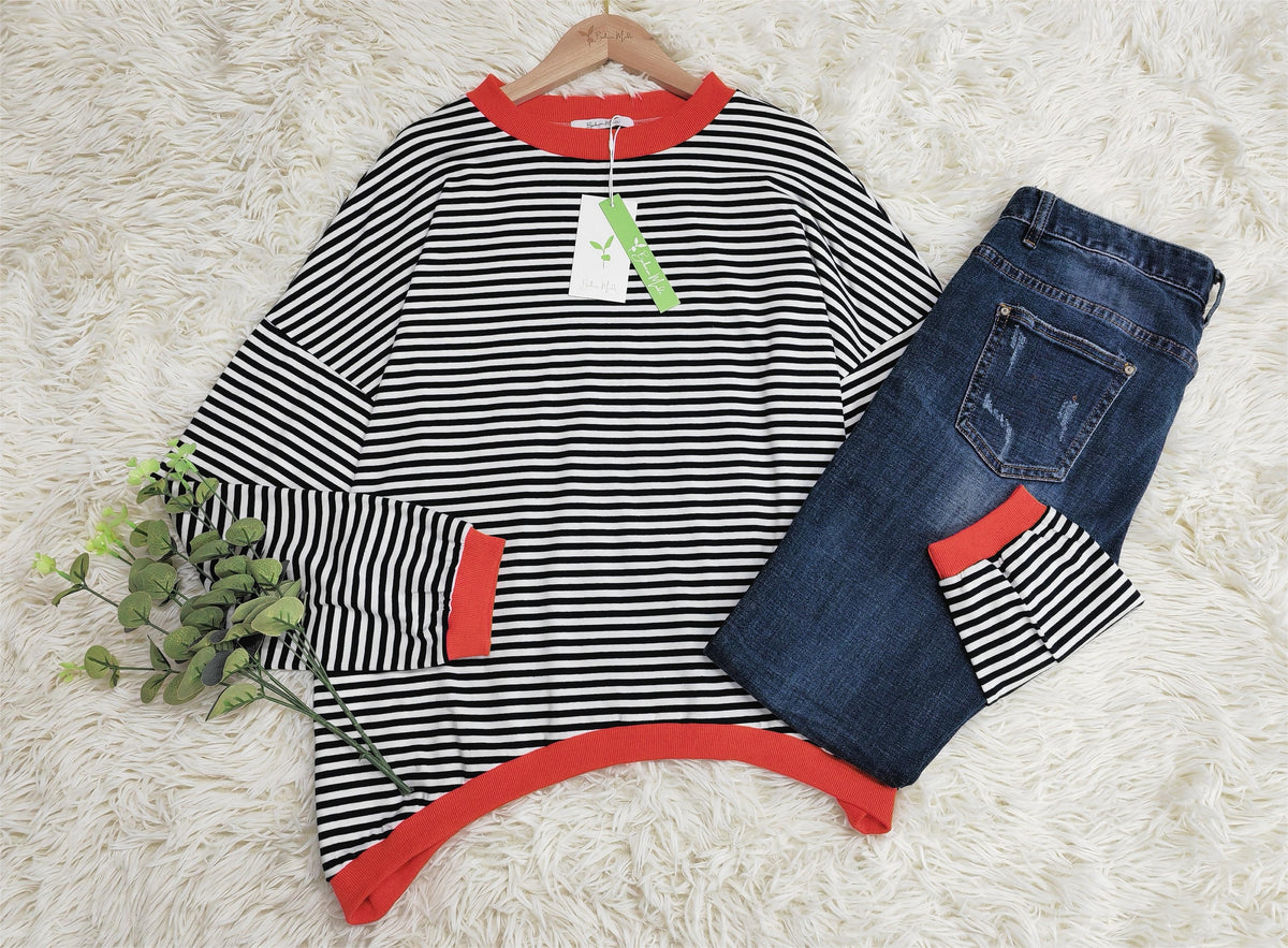 Orange-navy-blue-white striped Long Sleeve - HerbstStreifen-S-Nora Luxe