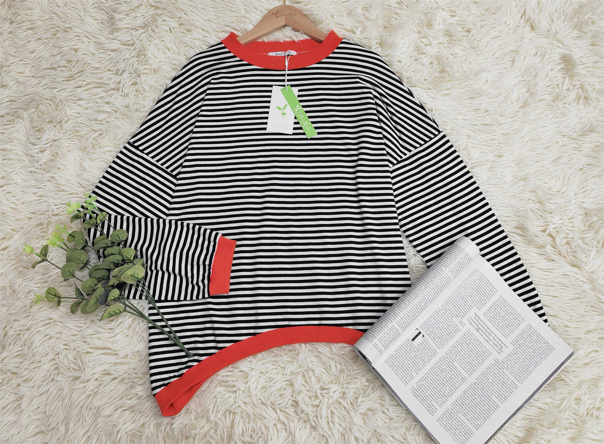 Orange-navy-blue-white striped Long Sleeve - HerbstStreifen-S-Nora Luxe