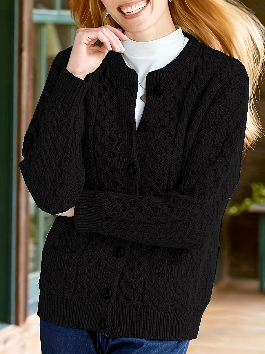 Plain Knitted Cardigan with Button Closure and Pockets - Olivia