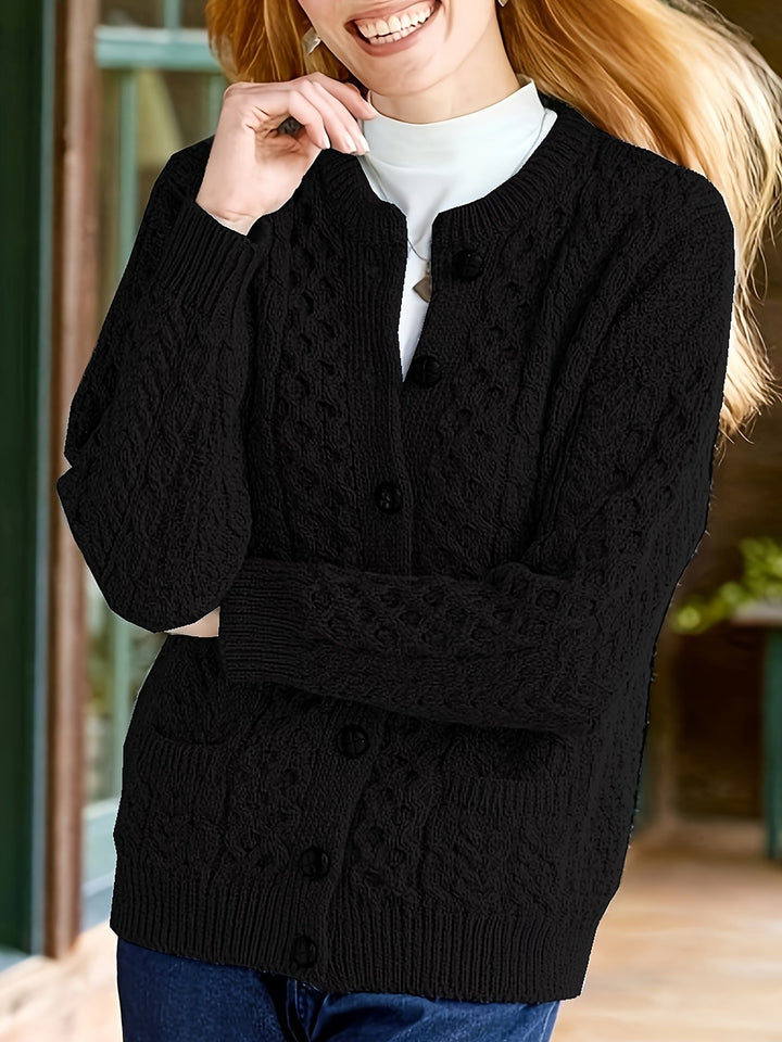 Plain Knitted Cardigan with Button Closure and Pockets - Olivia