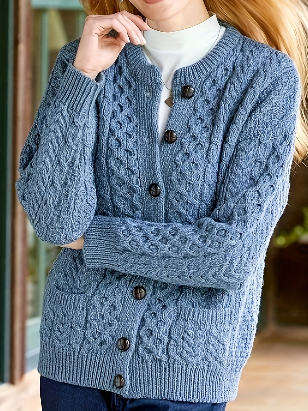 Plain Knitted Cardigan with Button Closure and Pockets - Olivia