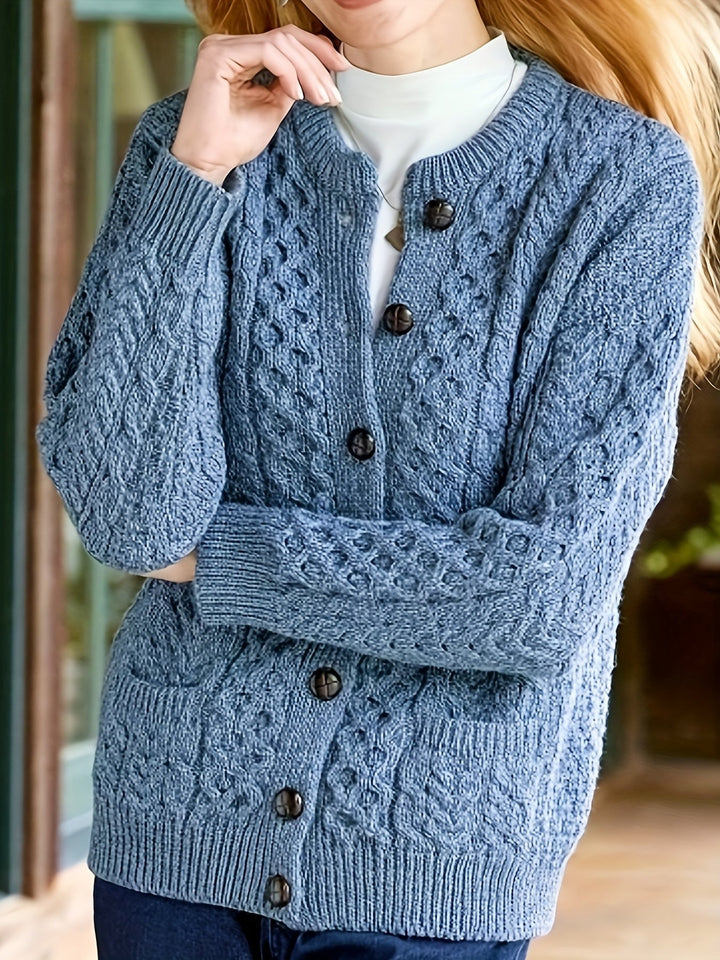 Plain Knitted Cardigan with Button Closure and Pockets - Olivia